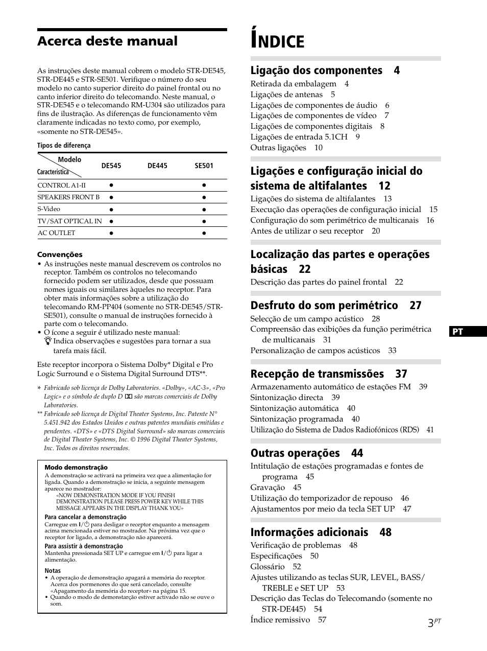 Ndice, Acerca deste manual, Ligação dos componentes 4 | Localização das partes e operações básicas 22, Desfruto do som perimétrico 27, Recepção de transmissões 37, Outras operações 44, Informações adicionais 48 | Sony STR-SE501 User Manual | Page 171 / 226