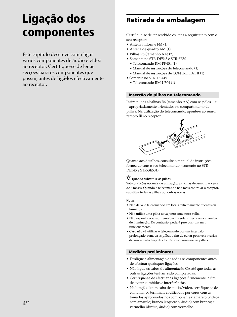 Ligação dos componentes, Retirada da embalagem | Sony STR-SE501 User Manual | Page 172 / 226