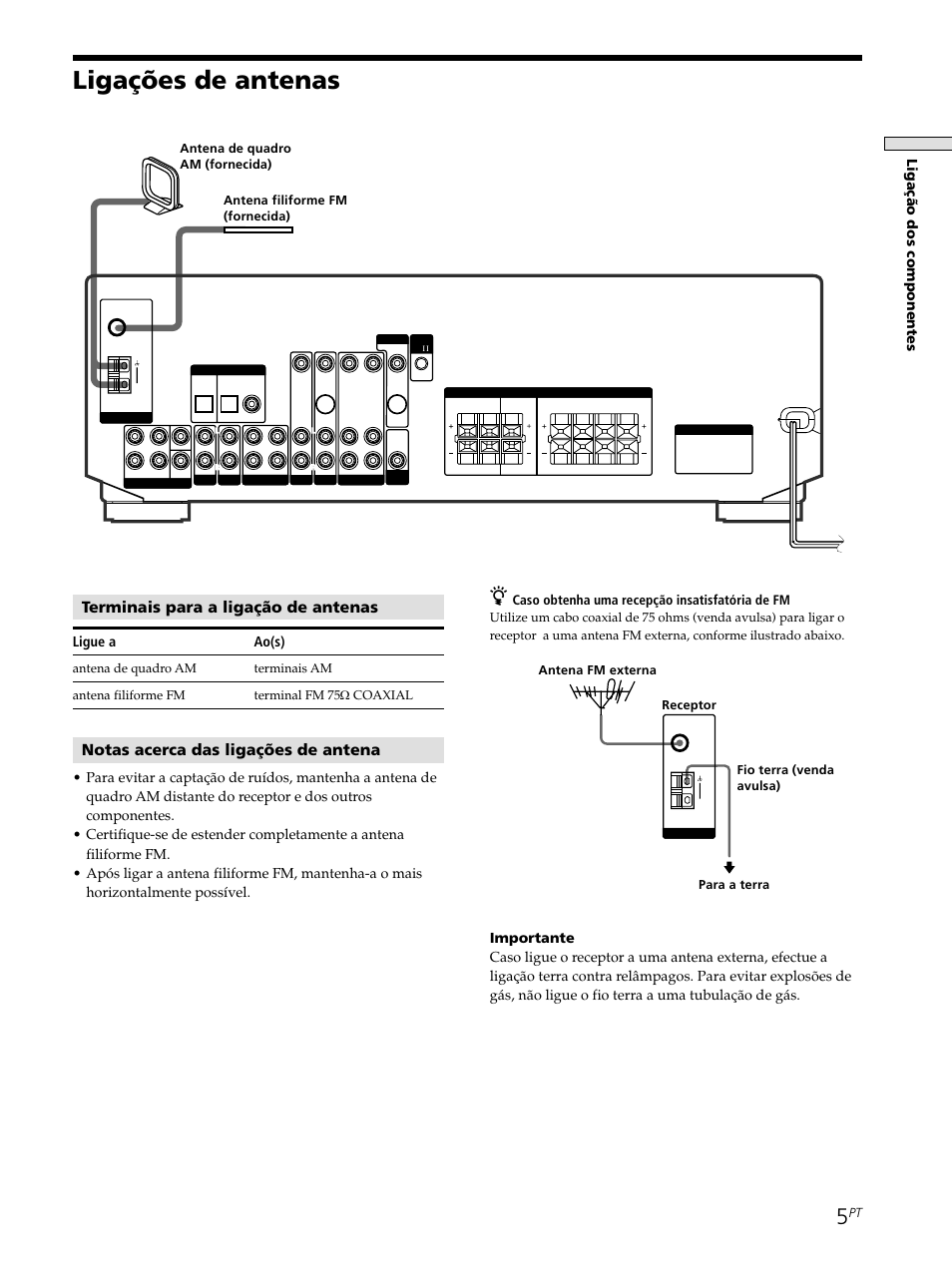 Ligações de antenas, Terminais para a ligação de antenas, Notas acerca das ligações de antena | Ligue a ao(s), Caso obtenha uma recepção insatisfatória de fm | Sony STR-SE501 User Manual | Page 173 / 226