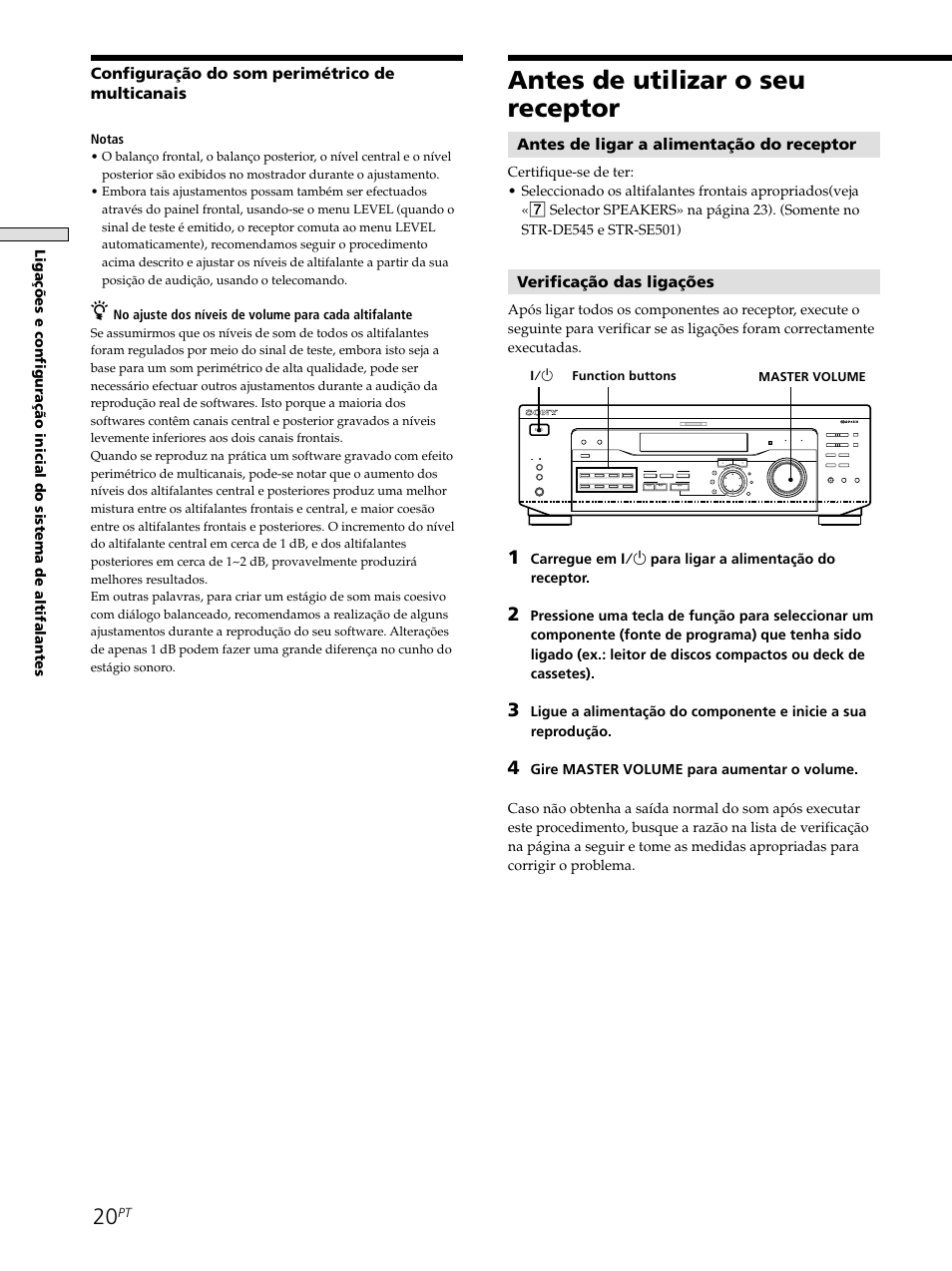 Antes de utilizar o seu receptor, Antes de ligar a alimentação do receptor, Verificação das ligações | Configuração do som perimétrico de multicanais, Notas, Function buttons, Master volume 1/u | Sony STR-SE501 User Manual | Page 188 / 226