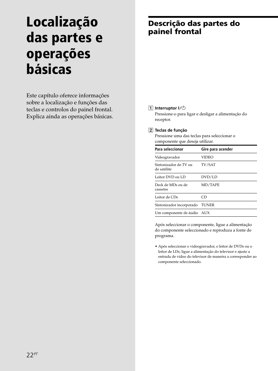 Localização das partes e operações básicas, Descrição das partes do painel frontal | Sony STR-SE501 User Manual | Page 190 / 226