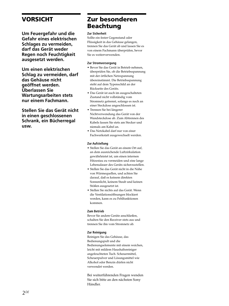 Zur besonderen beachtung vorsicht | Sony STR-SE501 User Manual | Page 2 / 226