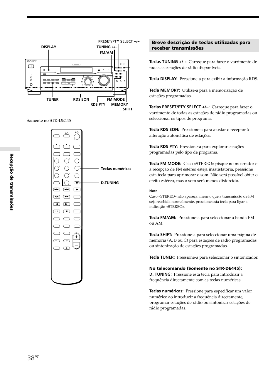 Recep çã o de transmiss õ es, Nota, D.tuning teclas numéricas | Sony STR-SE501 User Manual | Page 206 / 226