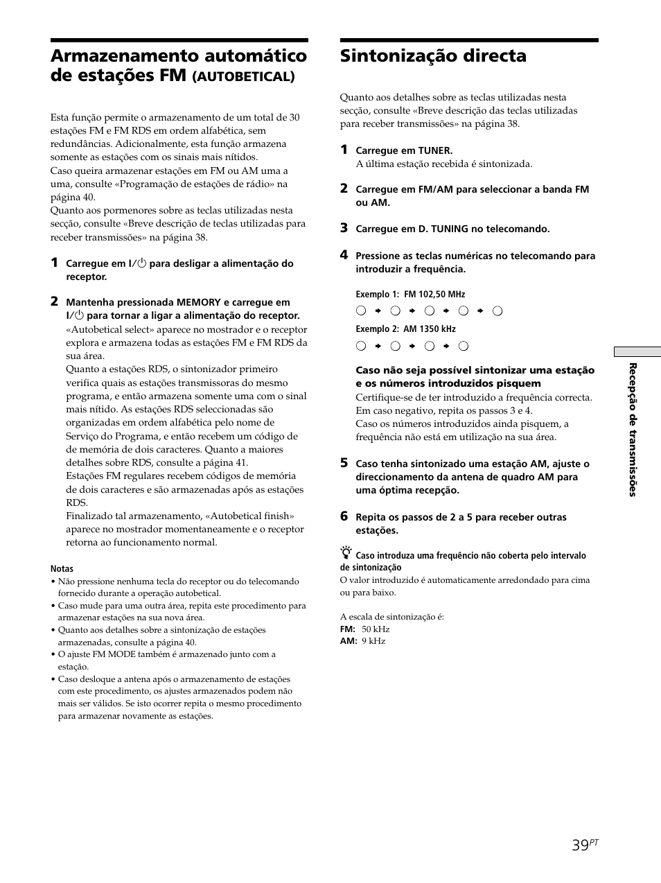 Armazenamento automático de estações fm, Sintonização directa, Autobetical) | Sony STR-SE501 User Manual | Page 207 / 226