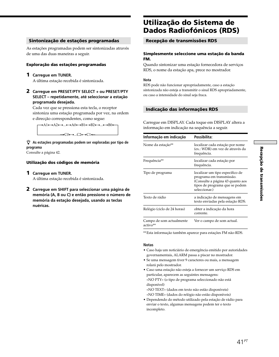 Utilização do sistema de dados radiofónicos (rds) | Sony STR-SE501 User Manual | Page 209 / 226