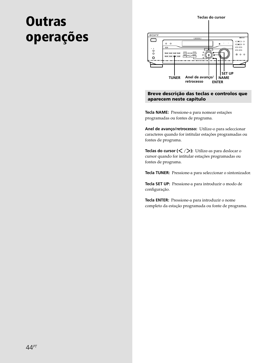 Outras operações, Teclas do cursor anel de avanço/ retrocesso, Tuner name set up enter | Sony STR-SE501 User Manual | Page 212 / 226