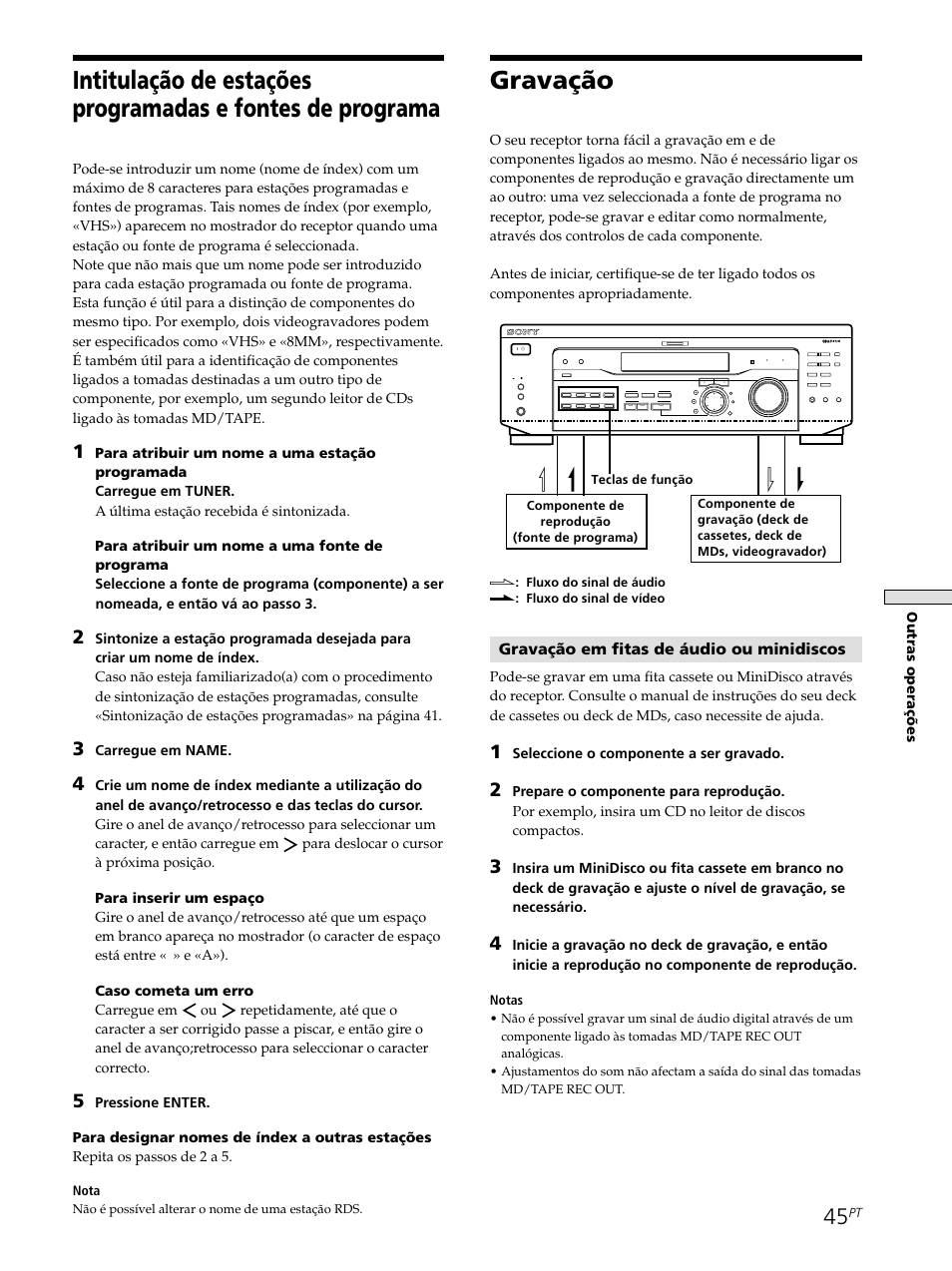 Gravação, Gravação em fitas de áudio ou minidiscos, Outras opera çõ es | Carregue em name, Seleccione o componente a ser gravado, Nota, Notas | Sony STR-SE501 User Manual | Page 213 / 226