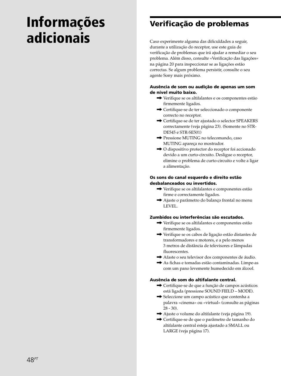 Informações adicionais, Verificação de problemas | Sony STR-SE501 User Manual | Page 216 / 226