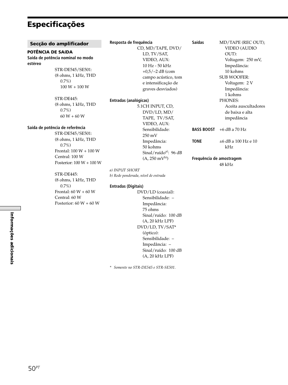 Especificações | Sony STR-SE501 User Manual | Page 218 / 226