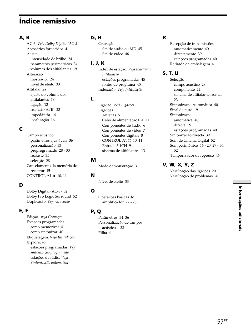 Índice remissivo, A, b, E, f | G, h, I, j, k, P, q, S, t, u, V, w, x, y, z | Sony STR-SE501 User Manual | Page 225 / 226