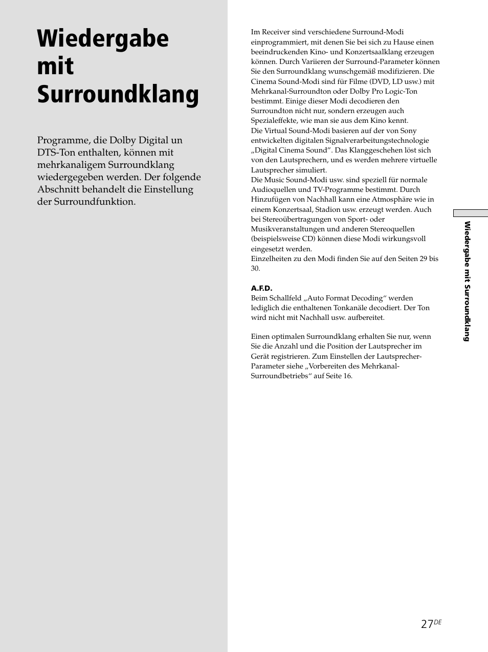 Wiedergabe mit surroundklang | Sony STR-SE501 User Manual | Page 27 / 226