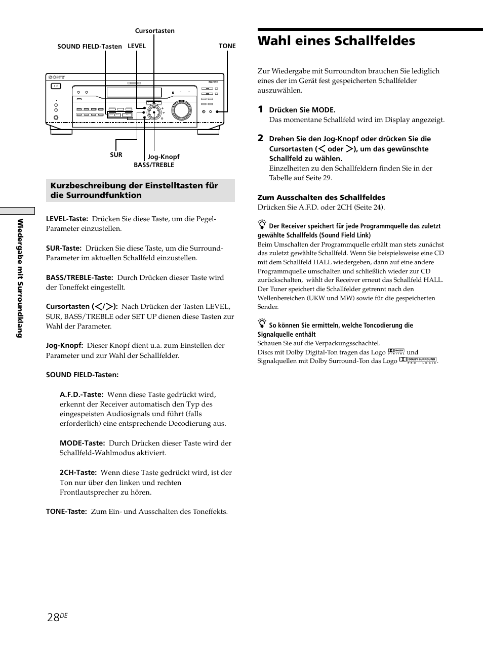 Wahl eines schallfeldes, Wiedergabe mit surr oundklang, Sur bass/treble level tone | Sony STR-SE501 User Manual | Page 28 / 226