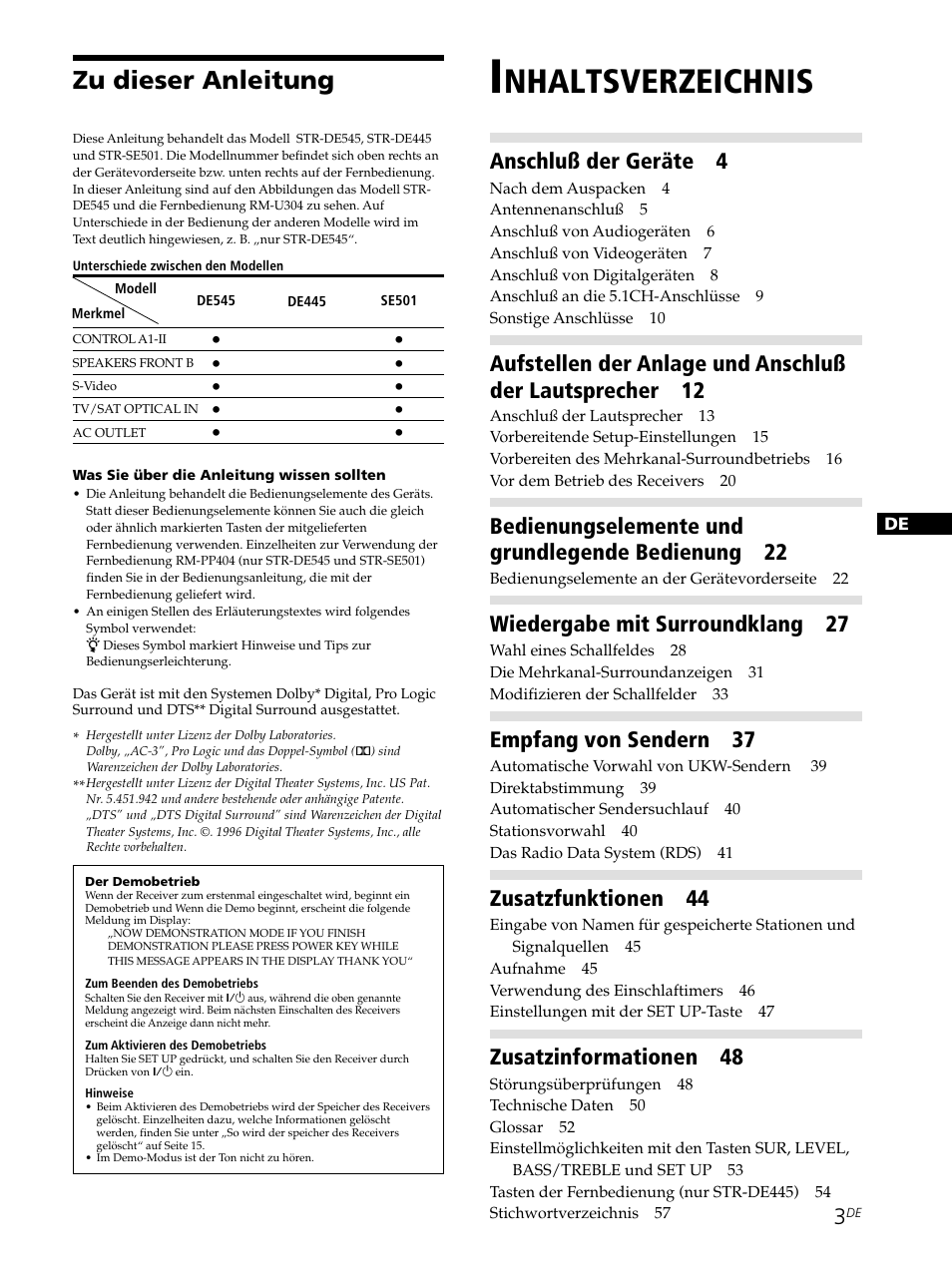 Nhaltsverzeichnis, Zu dieser anleitung, Anschluß der geräte 4 | Bedienungselemente und grundlegende bedienung 22, Wiedergabe mit surroundklang 27, Empfang von sendern 37, Zusatzfunktionen 44, Zusatzinformationen 48 | Sony STR-SE501 User Manual | Page 3 / 226