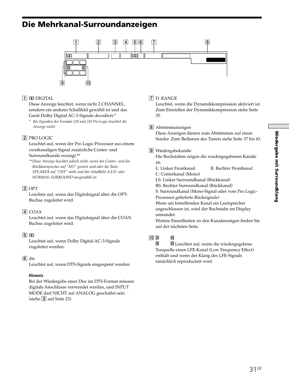 Die mehrkanal-surroundanzeigen | Sony STR-SE501 User Manual | Page 31 / 226