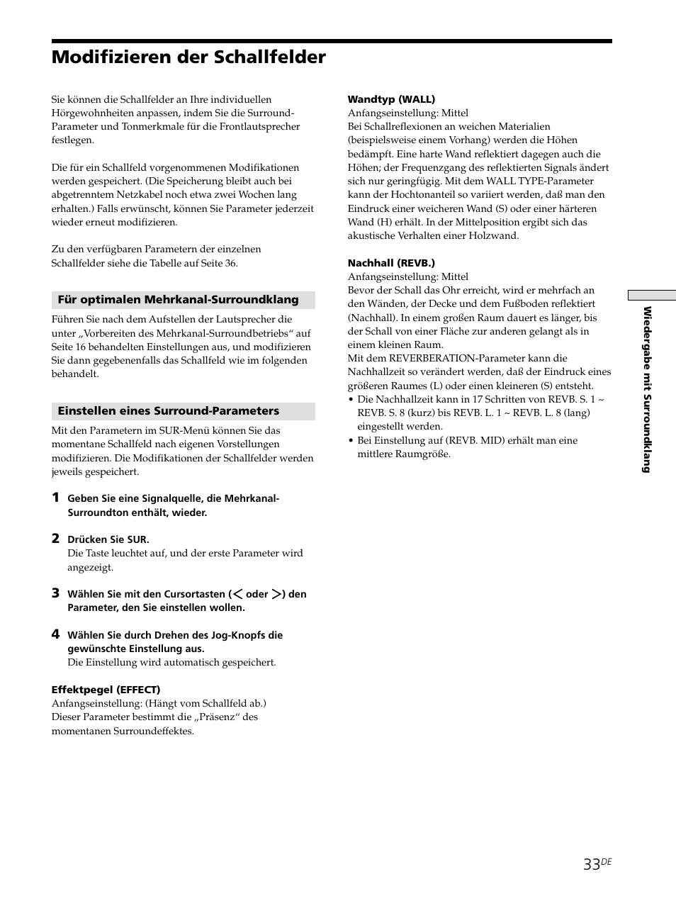 Modifizieren der schallfelder | Sony STR-SE501 User Manual | Page 33 / 226