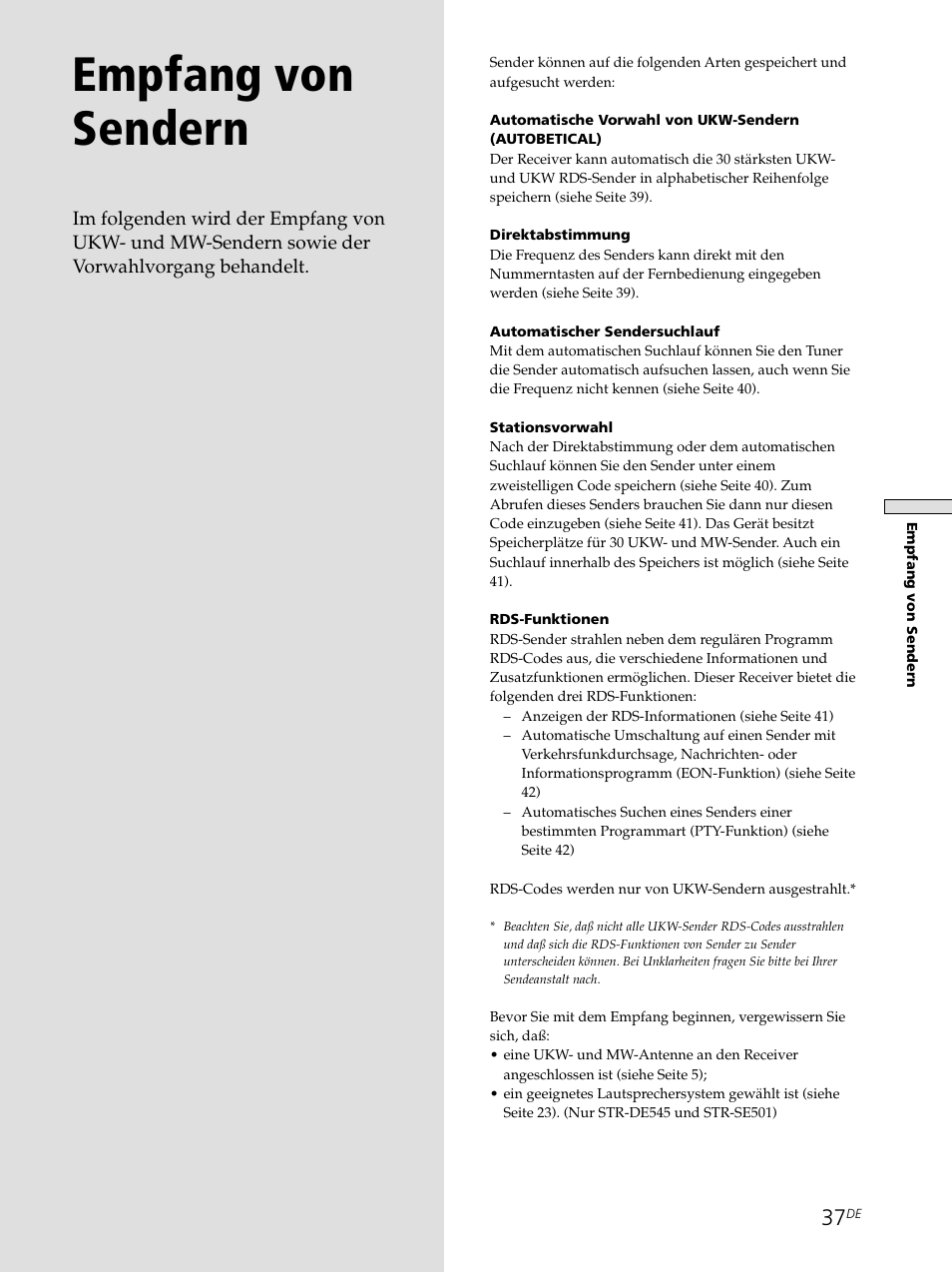 Empfang von sendern | Sony STR-SE501 User Manual | Page 37 / 226