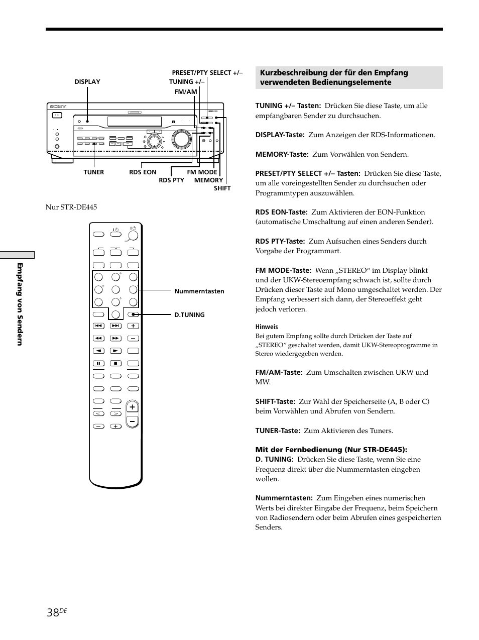 Empfang von sender n, Nur str-de445, Hinweis | Nummerntasten, D.tuning | Sony STR-SE501 User Manual | Page 38 / 226