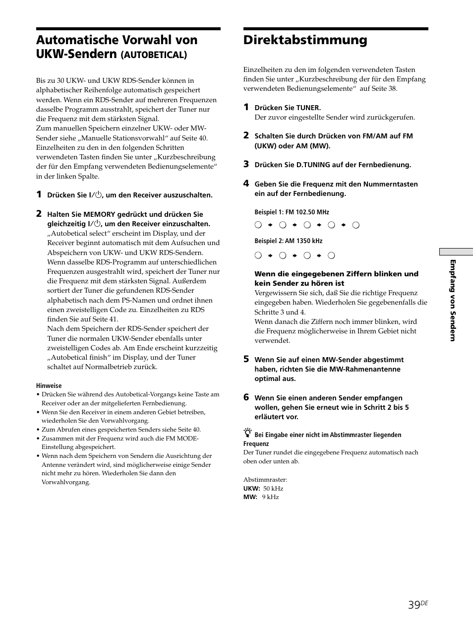 Direktabstimmung, Automatische vorwahl von ukw-sendern, Autobetical) | Sony STR-SE501 User Manual | Page 39 / 226