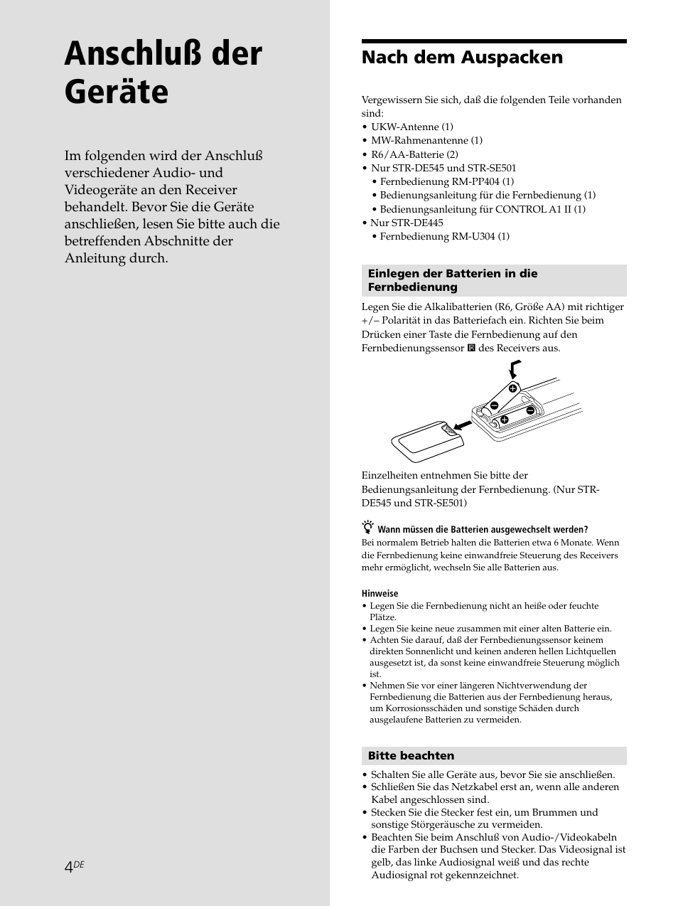 Anschluß der geräte, Nach dem auspacken | Sony STR-SE501 User Manual | Page 4 / 226