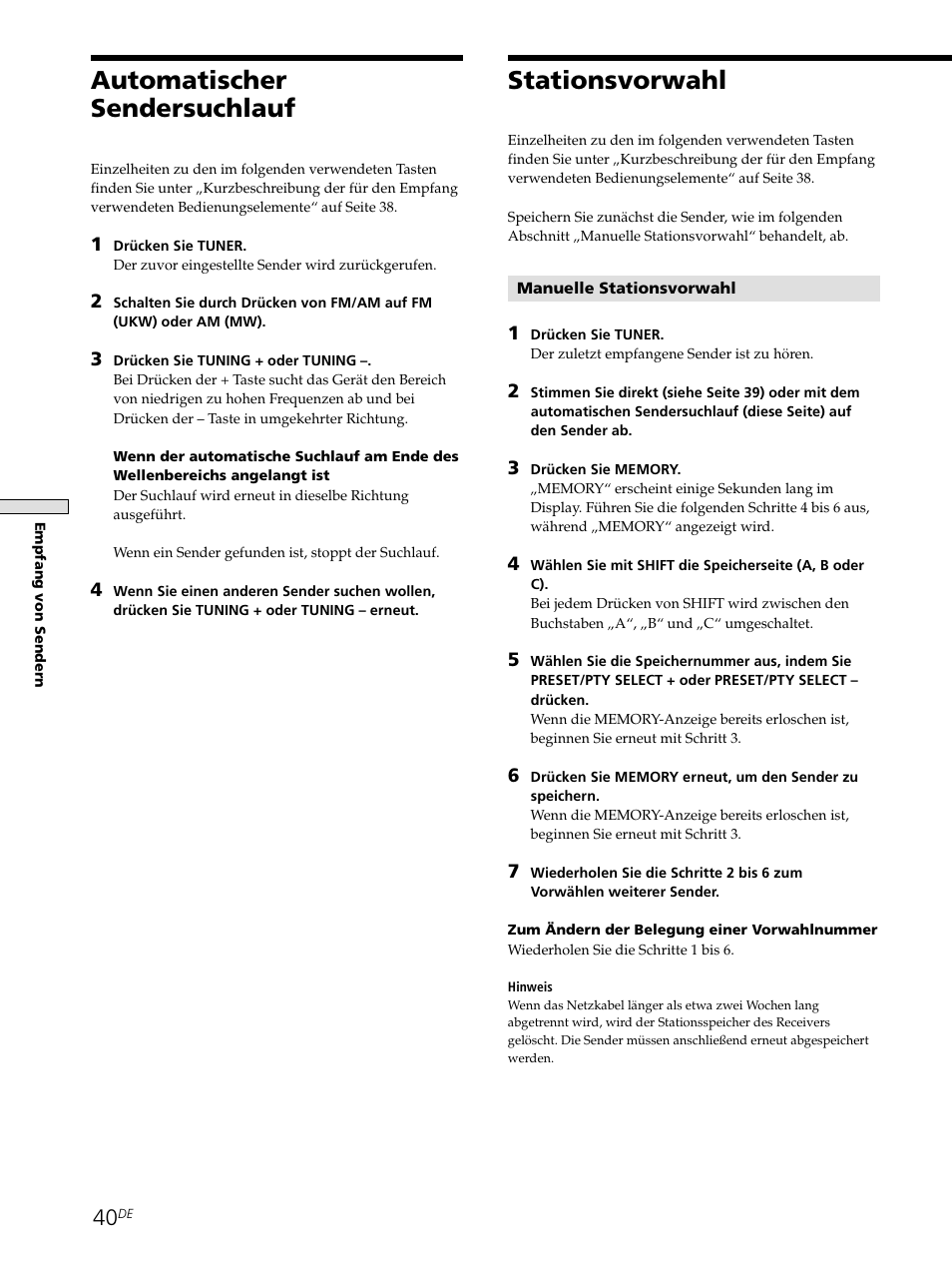 Stationsvorwahl, Automatischer sendersuchlauf | Sony STR-SE501 User Manual | Page 40 / 226