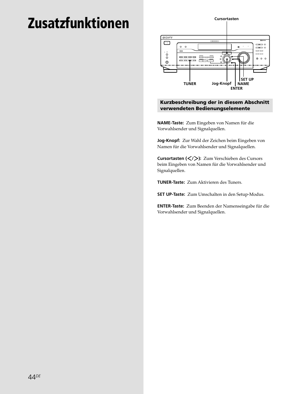 Zusatzfunktionen, Jog-knopf cursortasten, Tuner name set up enter | Sony STR-SE501 User Manual | Page 44 / 226