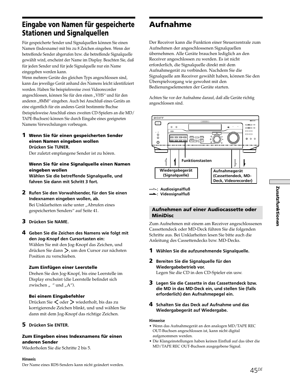 Aufnahme, Aufnehmen auf einer audiocassette oder minidisc, Zusatzfunktionen | Wählen sie die aufzunehmende signalquelle, Drücken sie name, Hinweise, Hinweis | Sony STR-SE501 User Manual | Page 45 / 226