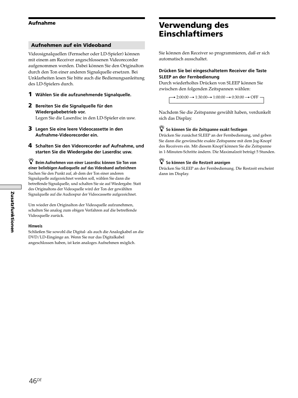 Verwendung des einschlaftimers | Sony STR-SE501 User Manual | Page 46 / 226