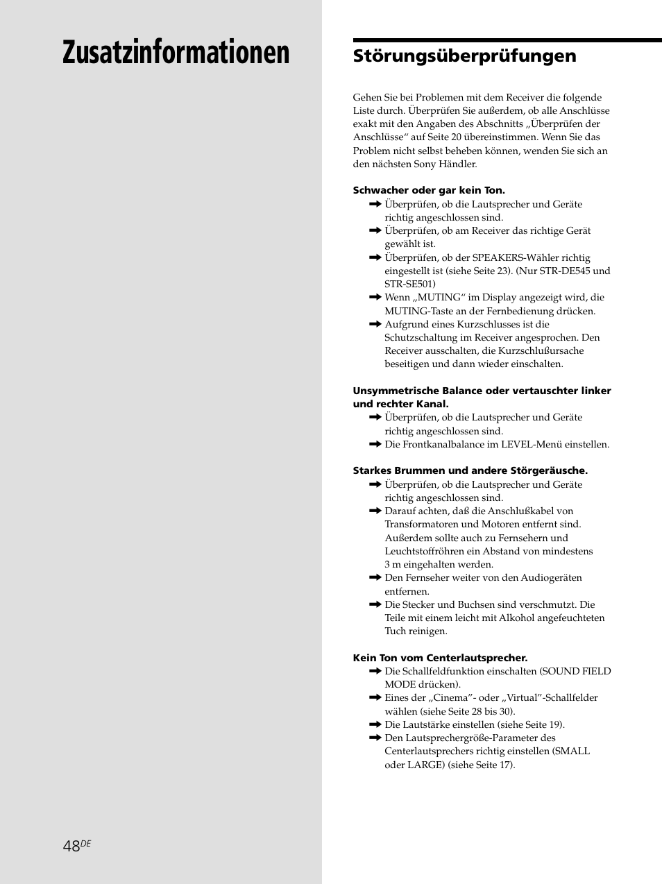 Zusatzinformationen, Störungsüberprüfungen | Sony STR-SE501 User Manual | Page 48 / 226