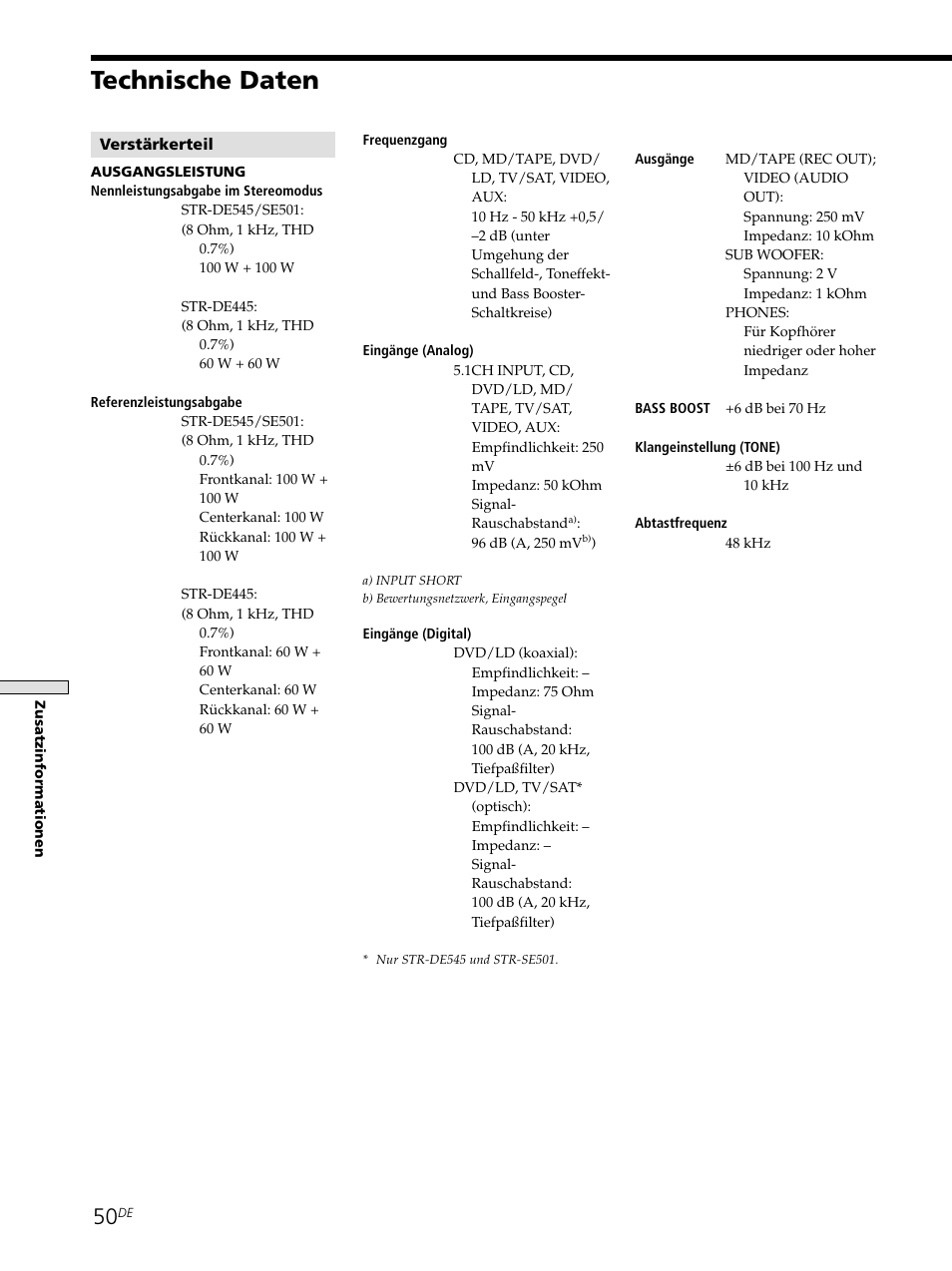 Technische daten | Sony STR-SE501 User Manual | Page 50 / 226