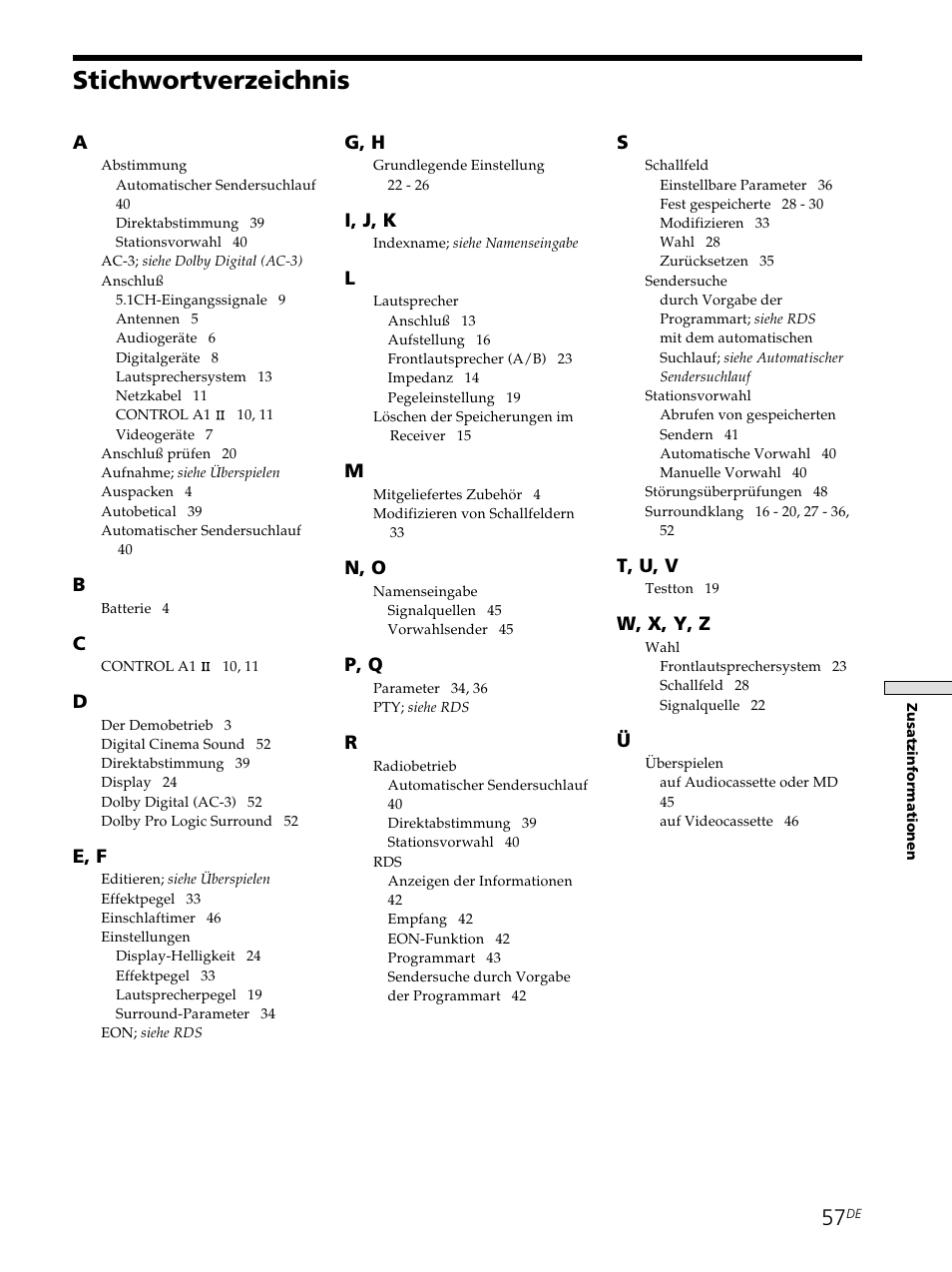 Stichwortverzeichnis | Sony STR-SE501 User Manual | Page 57 / 226