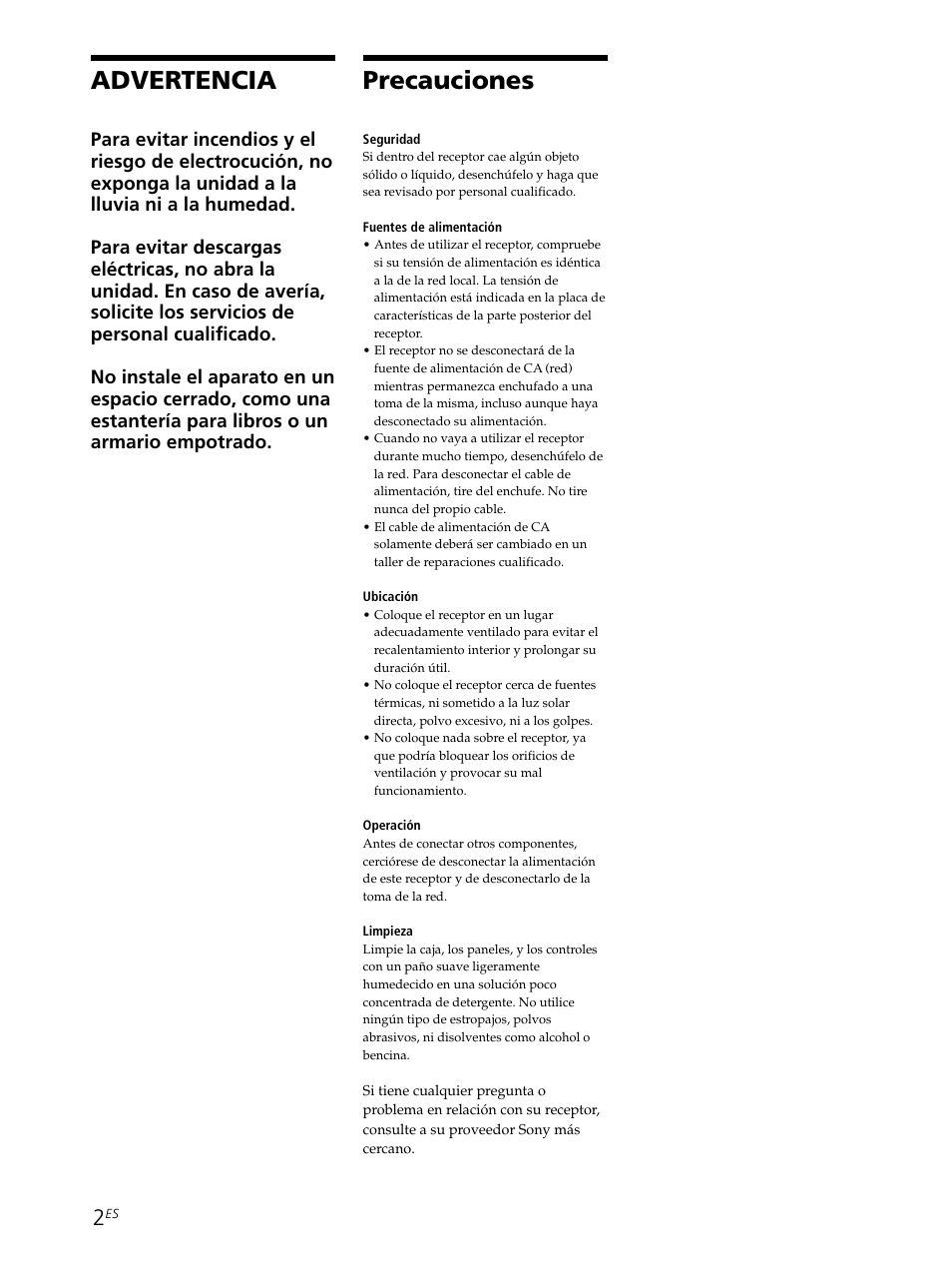 Advertencia, Precauciones | Sony STR-SE501 User Manual | Page 58 / 226