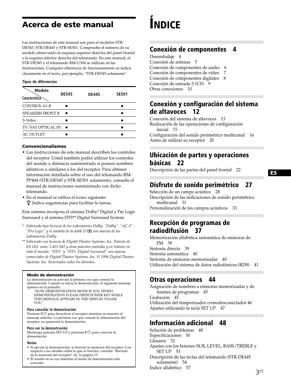 Ndice, Acerca de este manual, Conexión de componentes 4 | Ubicación de partes y operaciones básicas 22, Disfrute de sonido perimétrico 27, Recepción de programas de radiodifusión 37, Otras operaciones 44, Información adicional 48 | Sony STR-SE501 User Manual | Page 59 / 226