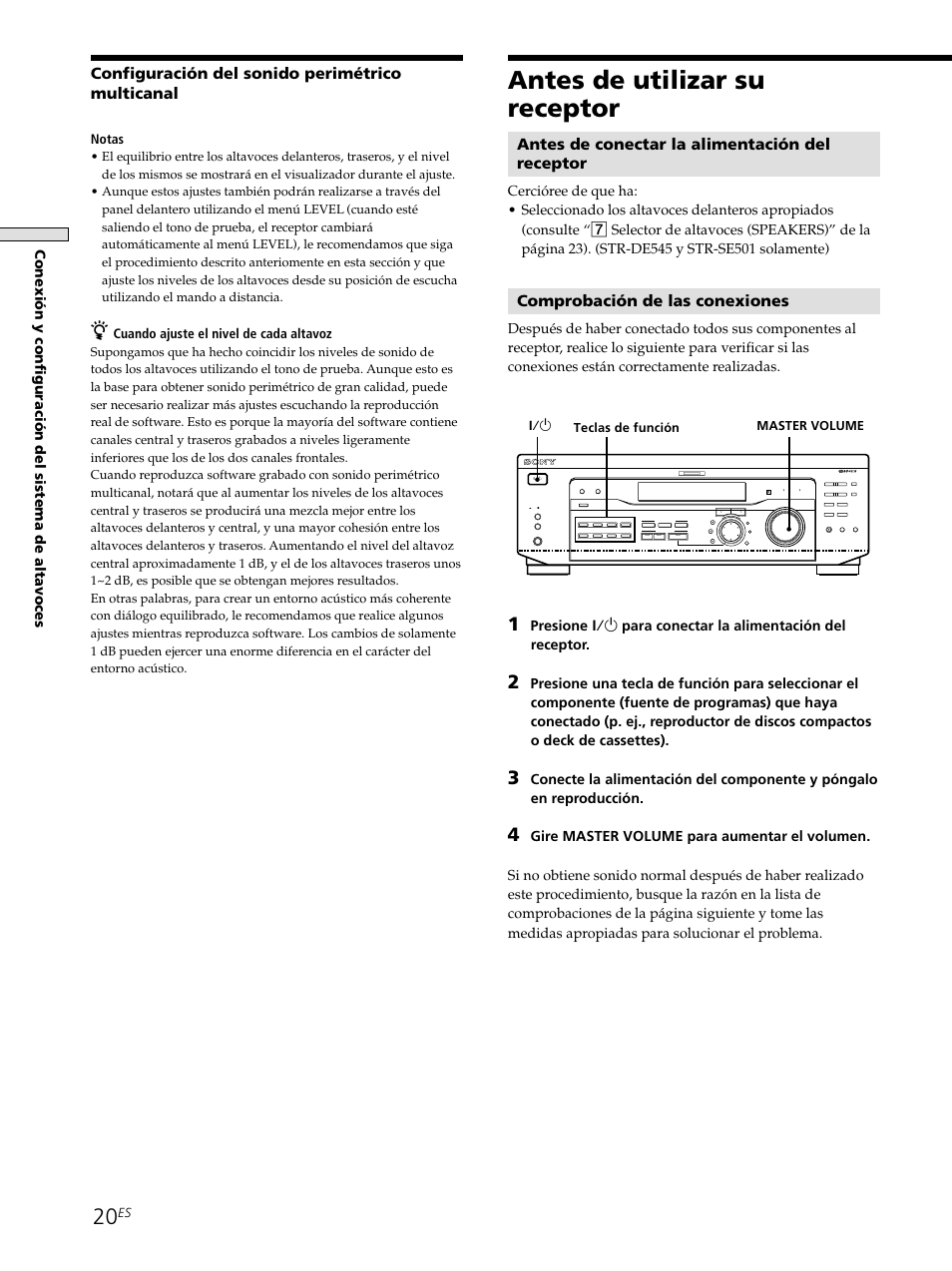 Antes de utilizar su receptor, Antes de conectar la alimentación del receptor, Comprobación de las conexiones | Configuración del sonido perimétrico multicanal, Notas, Cuando ajuste el nivel de cada altavoz, Master volume 1/u | Sony STR-SE501 User Manual | Page 76 / 226