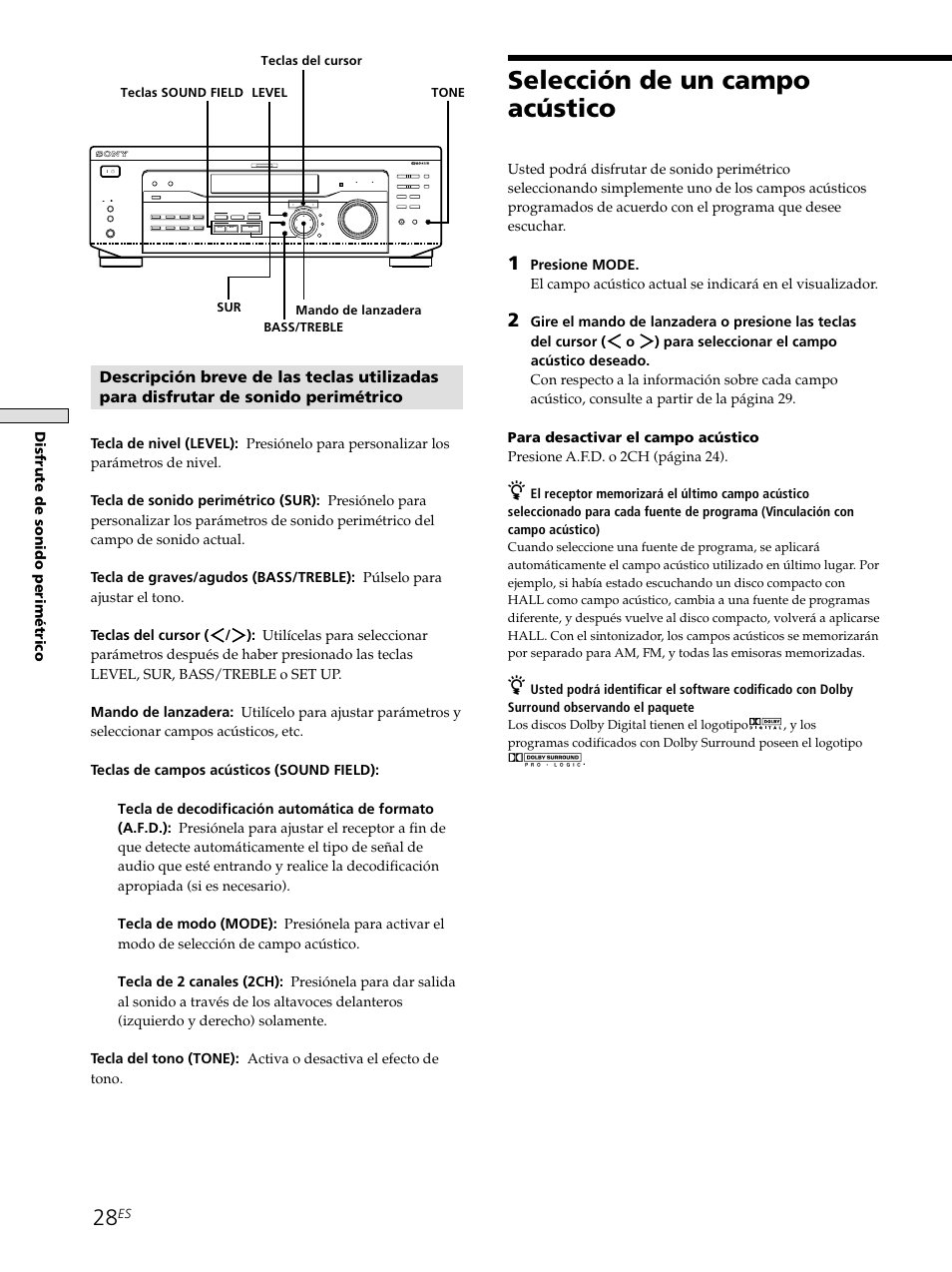 Selección de un campo acústico, Disfrute de sonido perim é trico, Sur bass/treble level tone | Sony STR-SE501 User Manual | Page 84 / 226