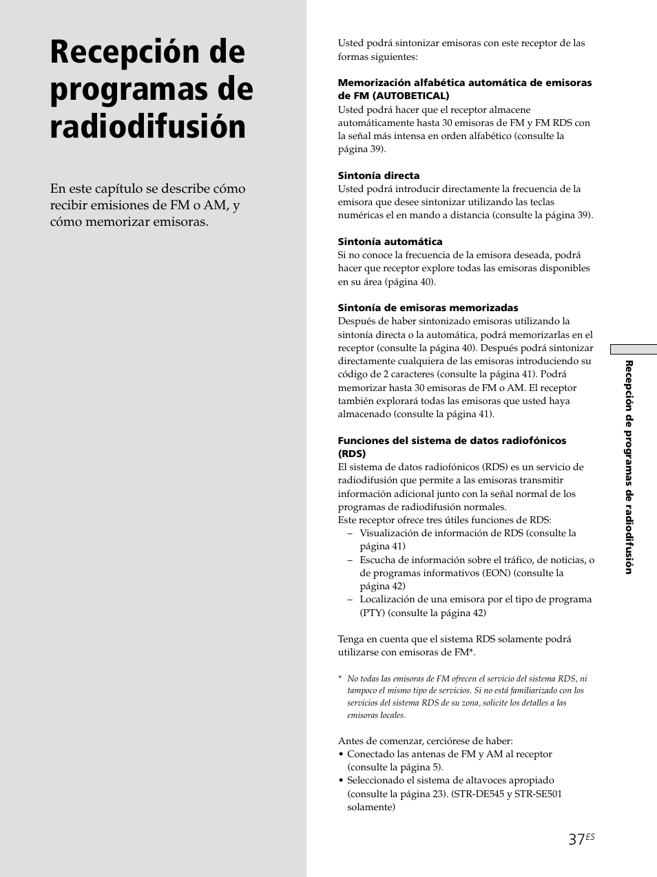 Recepción de programas de radiodifusión | Sony STR-SE501 User Manual | Page 93 / 226