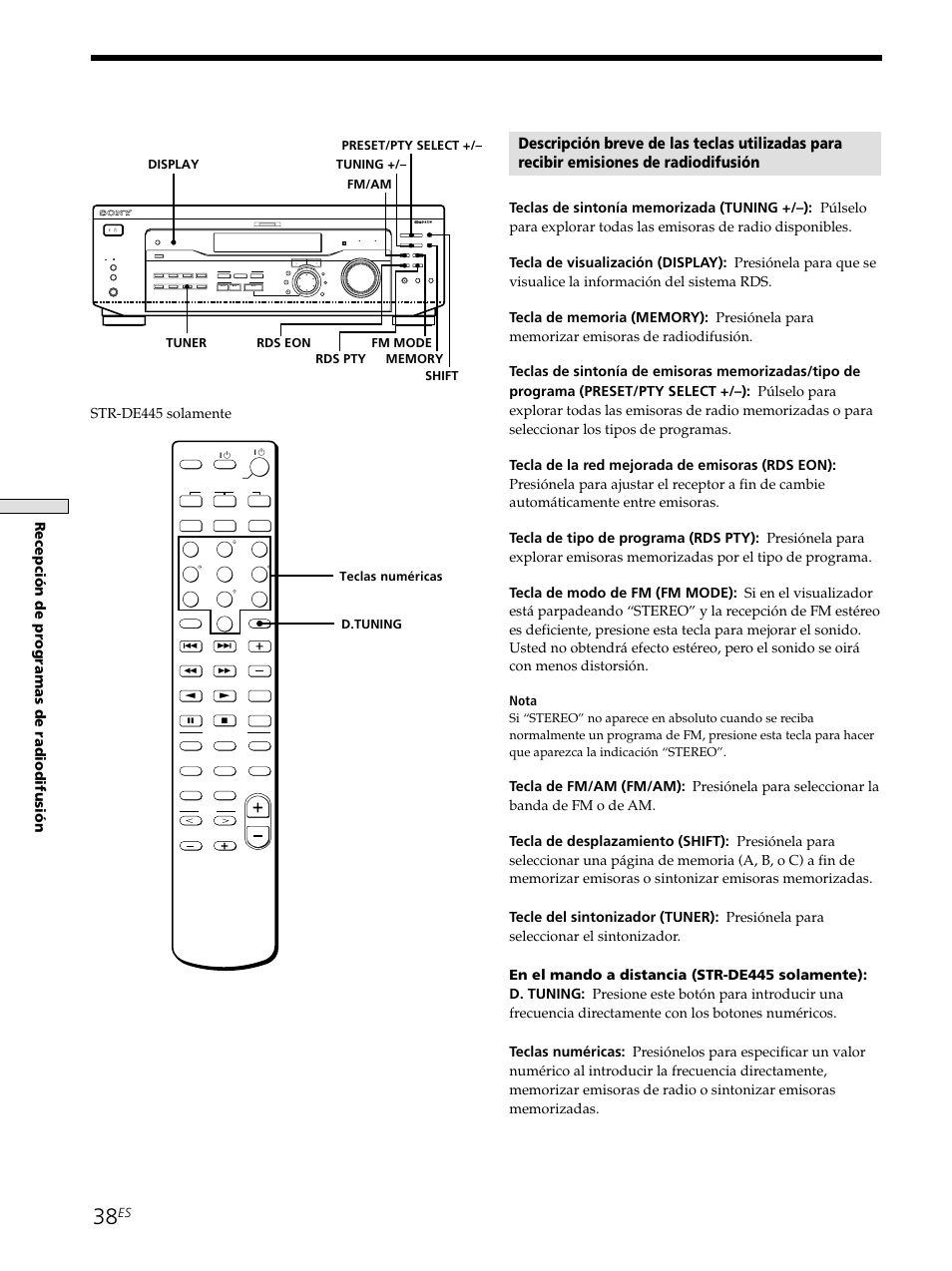 Recepci ó n de pr ogramas de radiodifusi ó n, Str-de445 solamente, Nota | Teclas numéricas, D.tuning | Sony STR-SE501 User Manual | Page 94 / 226