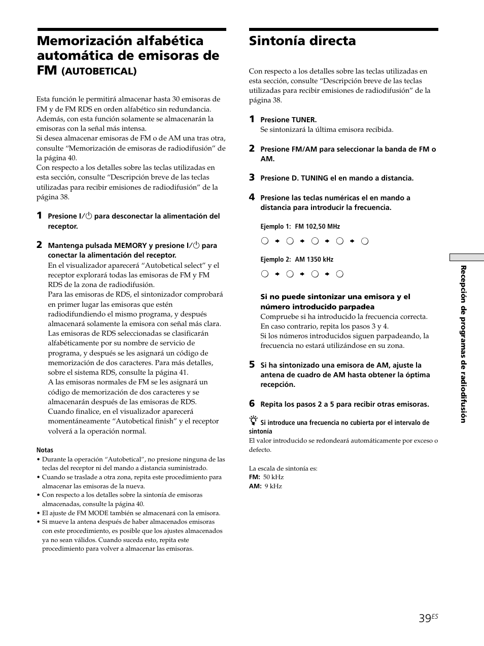 Sintonía directa, Autobetical) | Sony STR-SE501 User Manual | Page 95 / 226