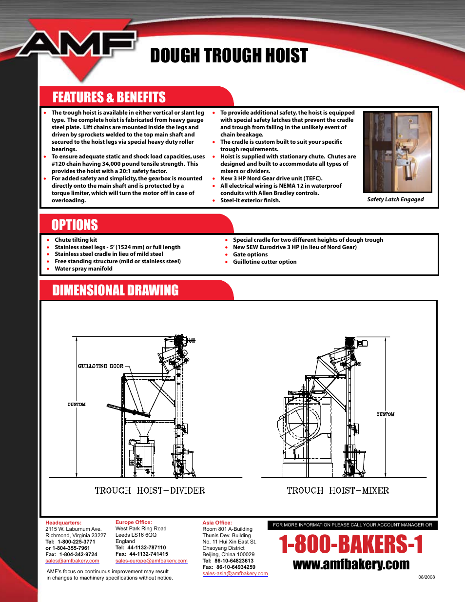 800-bakers-1, Dough trough hoist, Dimensional drawing | Features & benefits options | AMF Dough Trough Hoist User Manual | Page 2 / 2