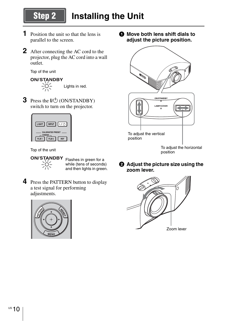 Installing the unit, Installing the unit step 2 | Sony VPL-HW55ES User Manual | Page 10 / 134