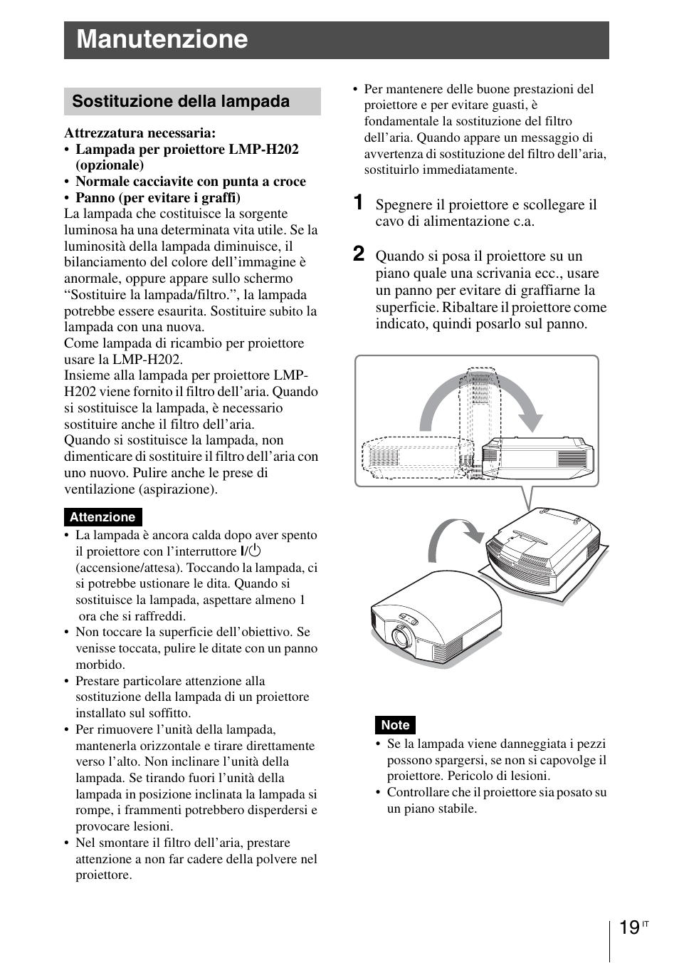 Manutenzione, Sostituzione della lampada | Sony VPL-HW55ES User Manual | Page 107 / 134
