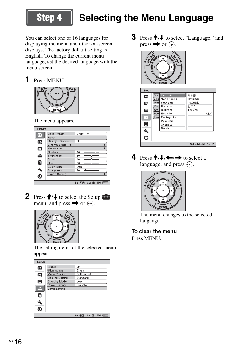 Selecting the menu language, Selecting the menu language step 4 | Sony VPL-HW55ES User Manual | Page 16 / 134