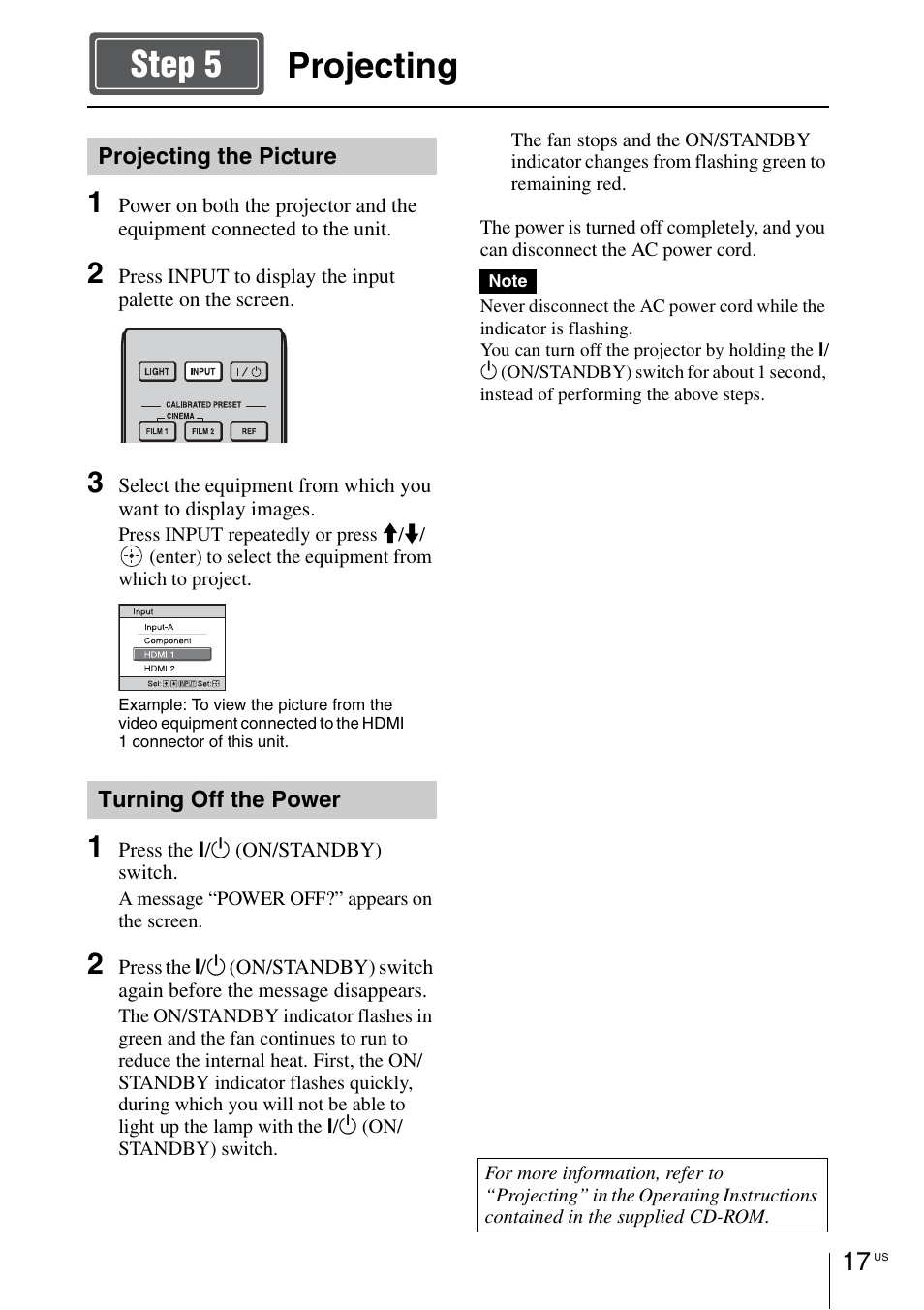 Projecting, Projecting step 5 | Sony VPL-HW55ES User Manual | Page 17 / 134