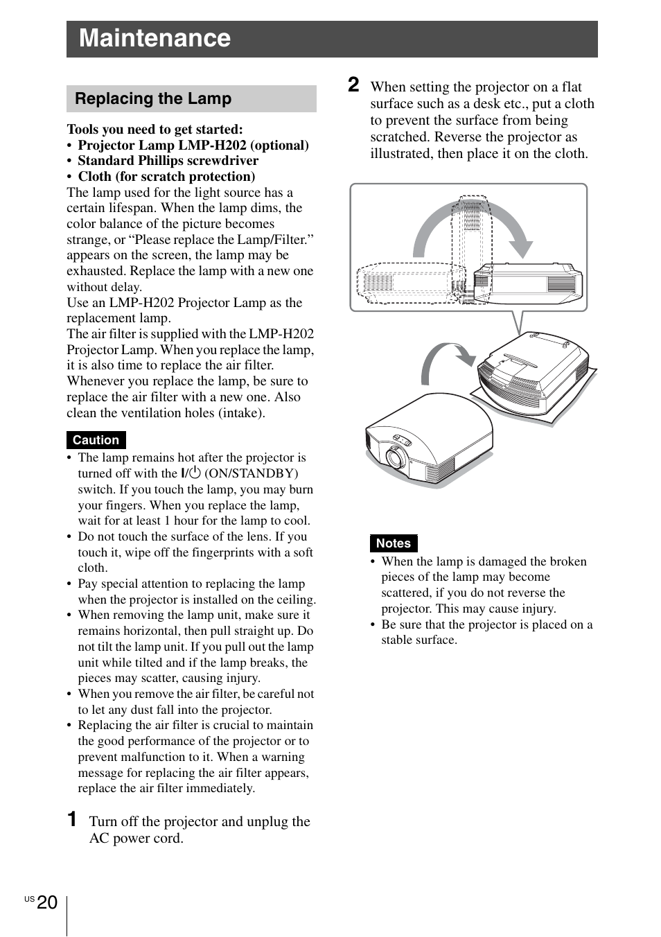 Maintenance, Replacing the lamp | Sony VPL-HW55ES User Manual | Page 20 / 134