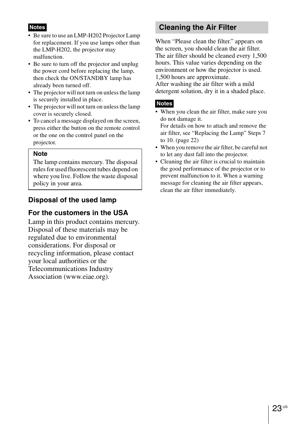 Cleaning the air filter | Sony VPL-HW55ES User Manual | Page 23 / 134