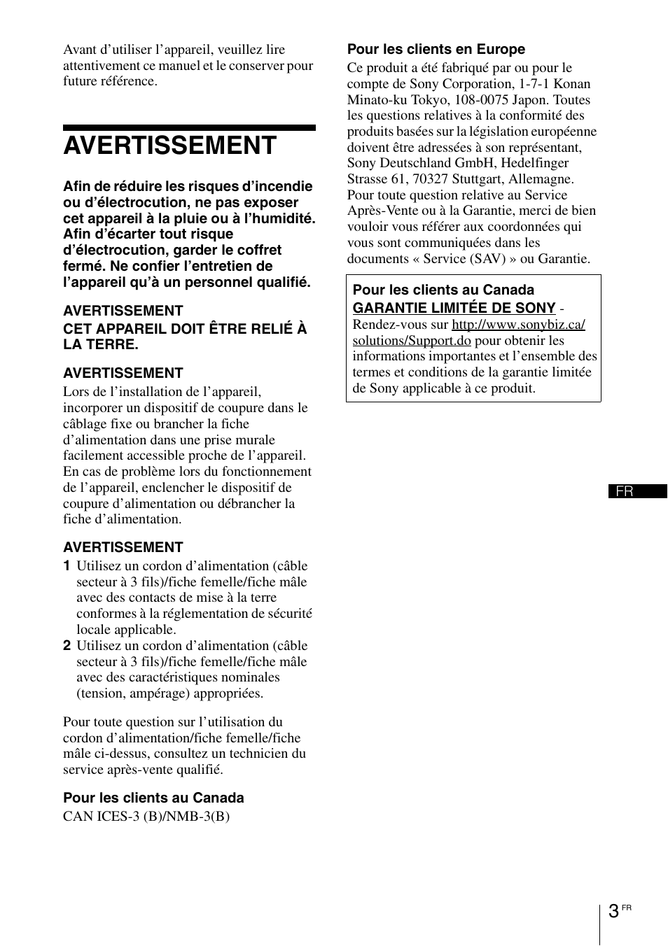 Avertissement | Sony VPL-HW55ES User Manual | Page 25 / 134