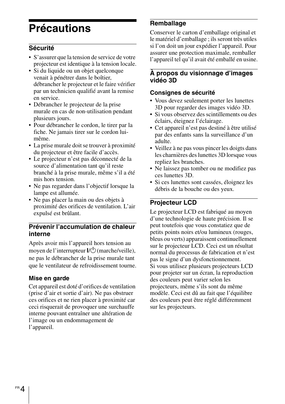 Précautions | Sony VPL-HW55ES User Manual | Page 26 / 134