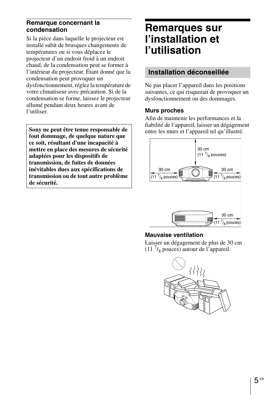 Remarques sur l’installation et l’utilisation, Installation déconseillée, Remarque concernant la condensation | Sony VPL-HW55ES User Manual | Page 27 / 134