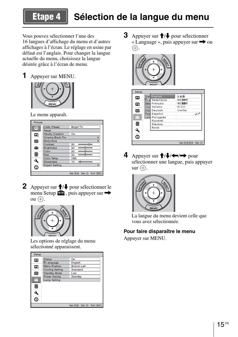 Sélection de la langue du menu, Sélection de la langue du menu etape 4 | Sony VPL-HW55ES User Manual | Page 37 / 134