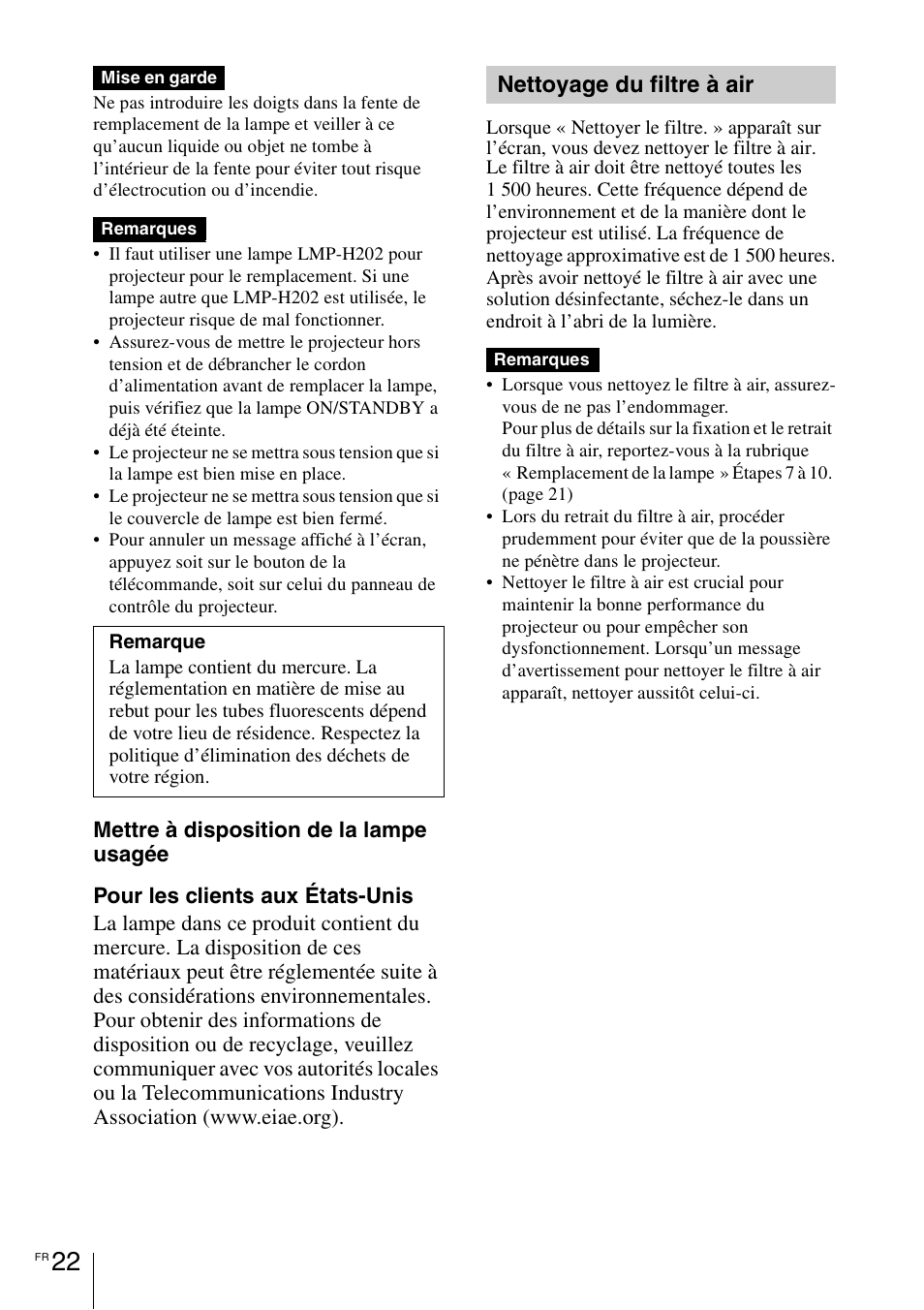 Nettoyage du filtre à air | Sony VPL-HW55ES User Manual | Page 44 / 134