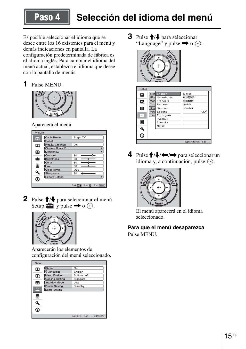 Selección del idioma del menú, Selección del idioma del menú paso 4 | Sony VPL-HW55ES User Manual | Page 59 / 134